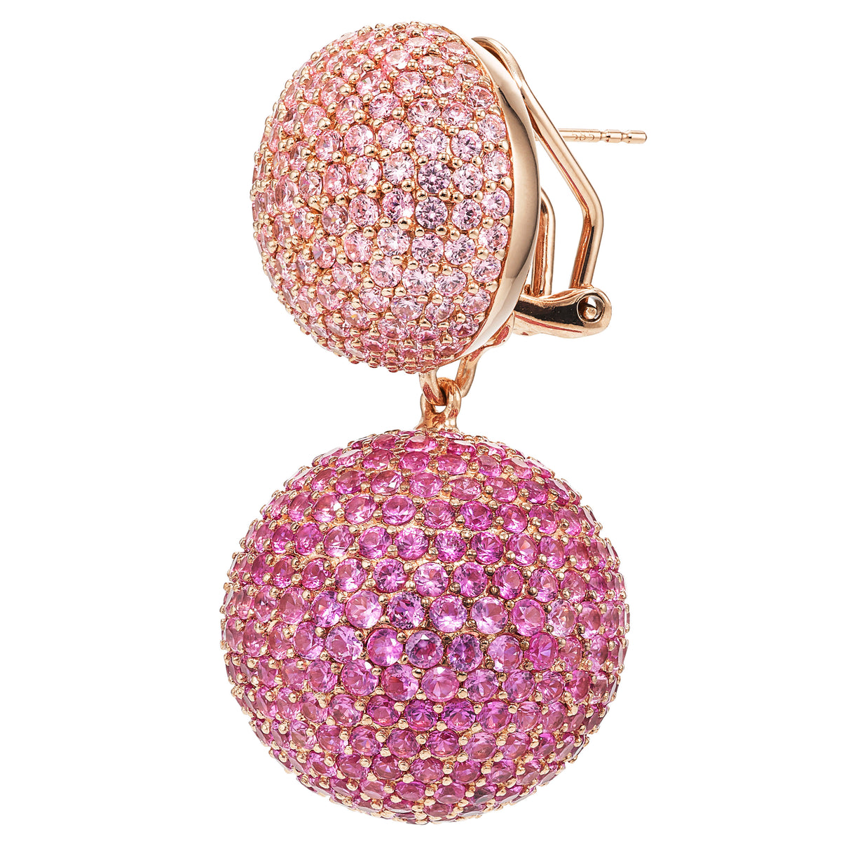 Close-up view of Rose Sapphire Bauble Earrings showcasing pink laboratory-grown sapphires and 14K gold posts on white background