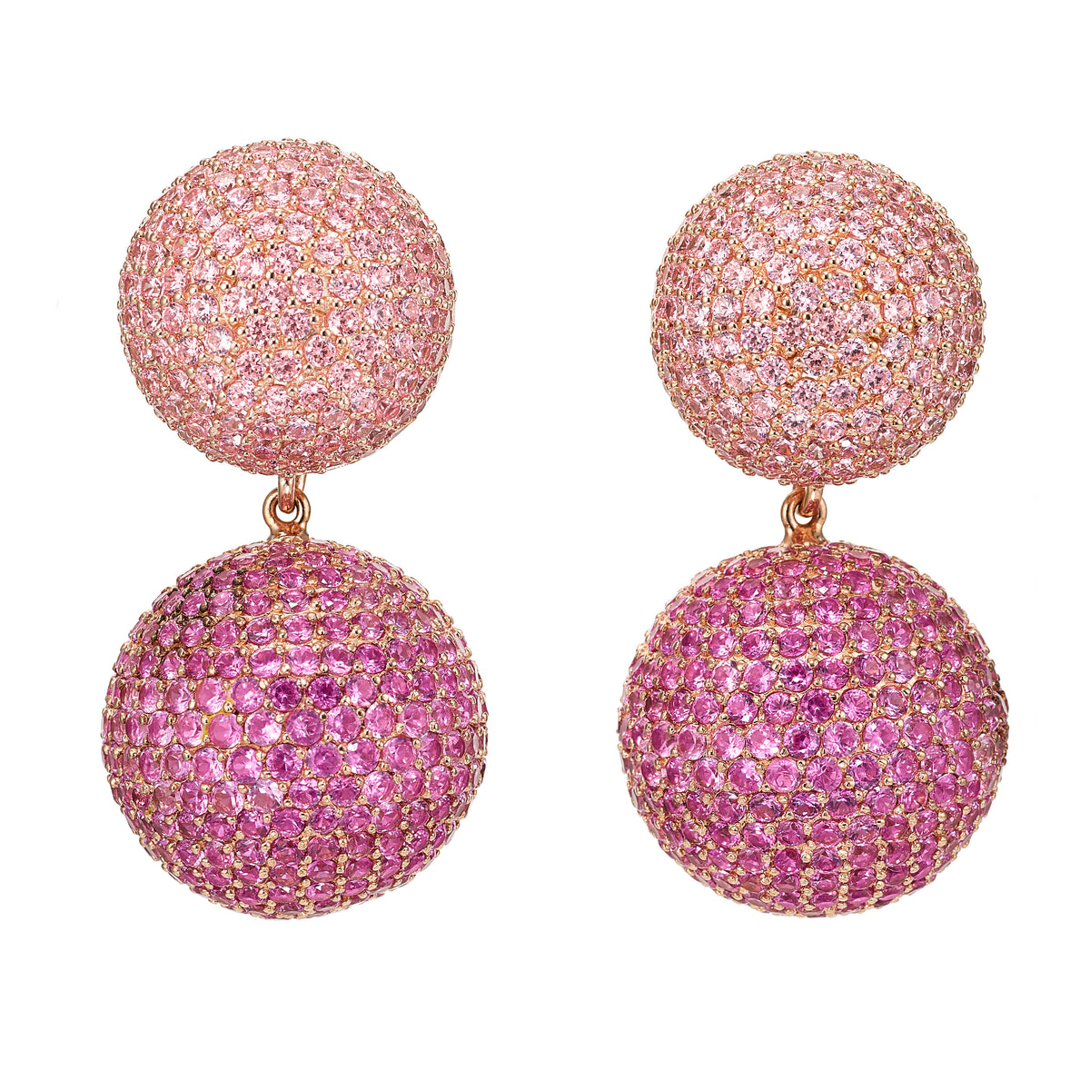 Front view of Rose Sapphire Bauble Earrings showcasing pink laboratory-grown sapphires with a white background