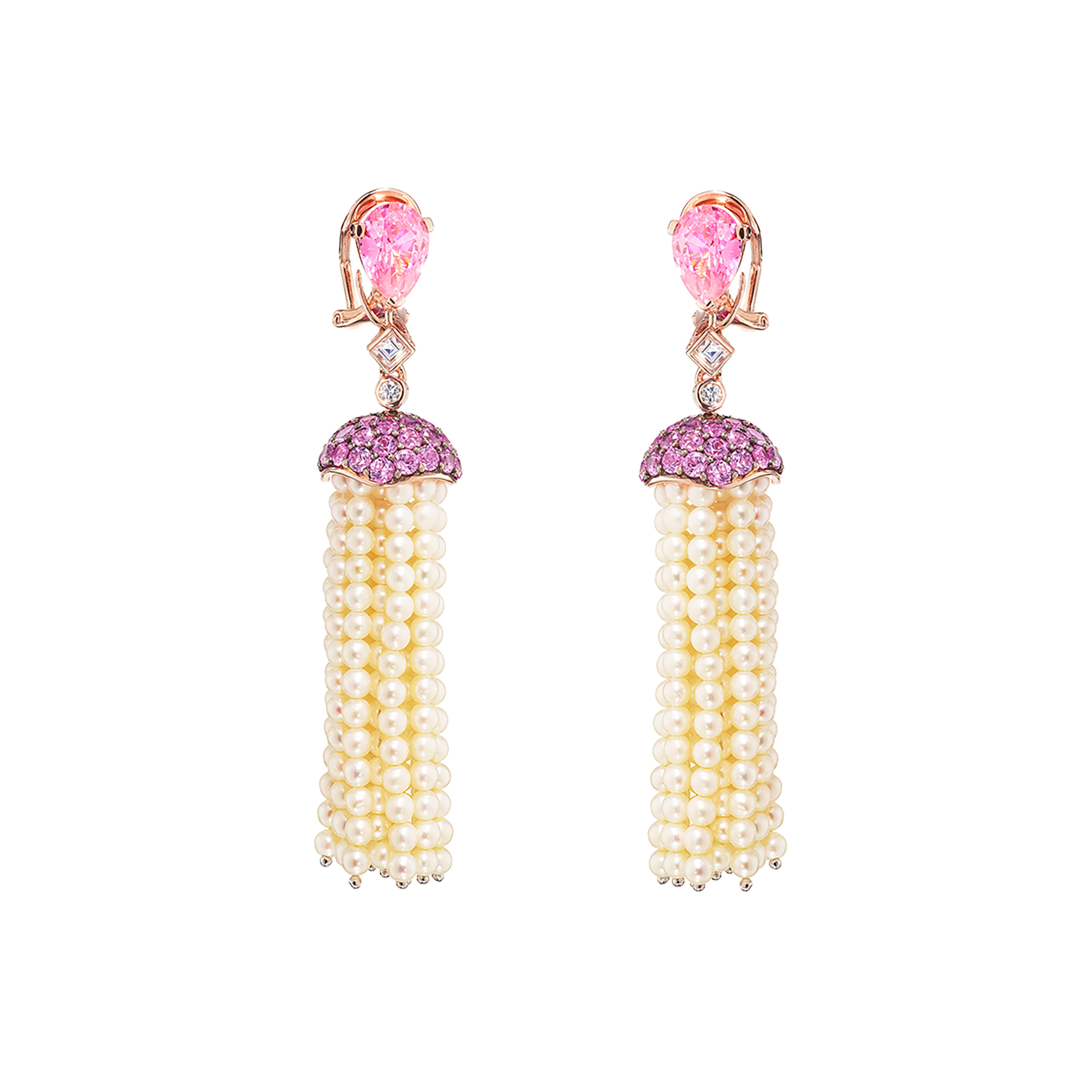 Rose Sapphire Pearl Tassel Earrings