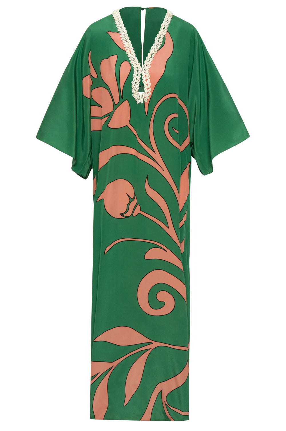 Andina Hand-Embroidered Crepe Tunic in Green Buganvilias