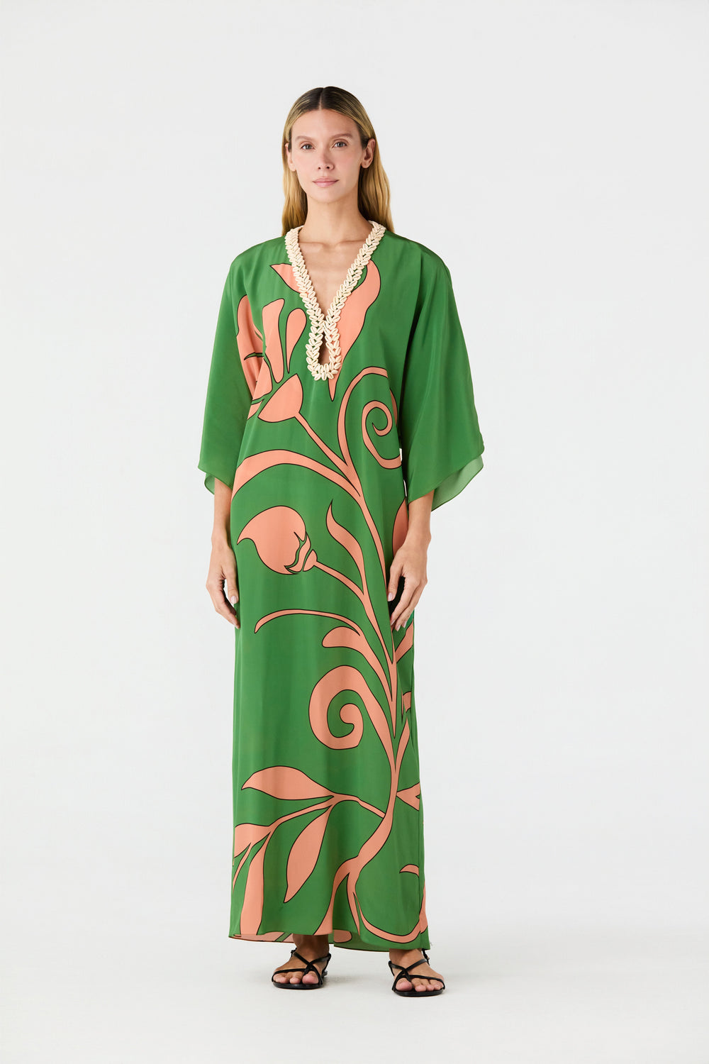Andina Hand-Embroidered Crepe Tunic in Green Buganvilias