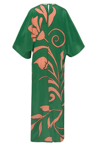 Andina Hand-Embroidered Crepe Tunic in Green Buganvilias