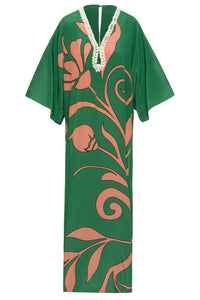 Andina Hand-Embroidered Crepe Tunic in Green Buganvilias