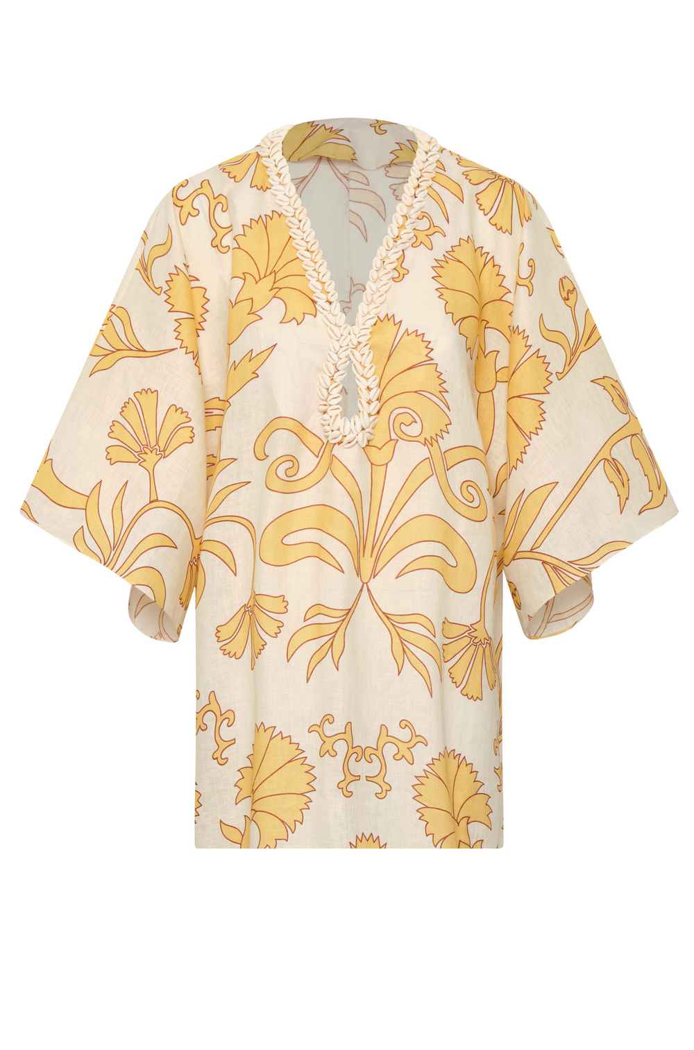 Andina Hand-Embroidered Linen Mini Tunic in Yellow Flowers