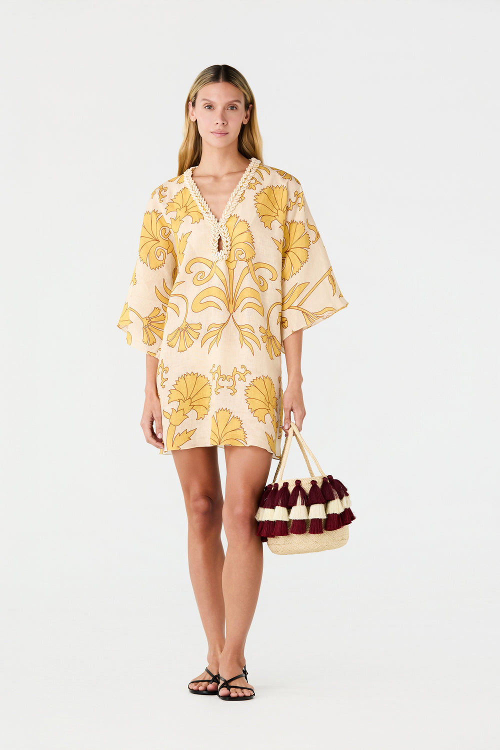 Andina Hand-Embroidered Linen Mini Tunic in Yellow Flowers