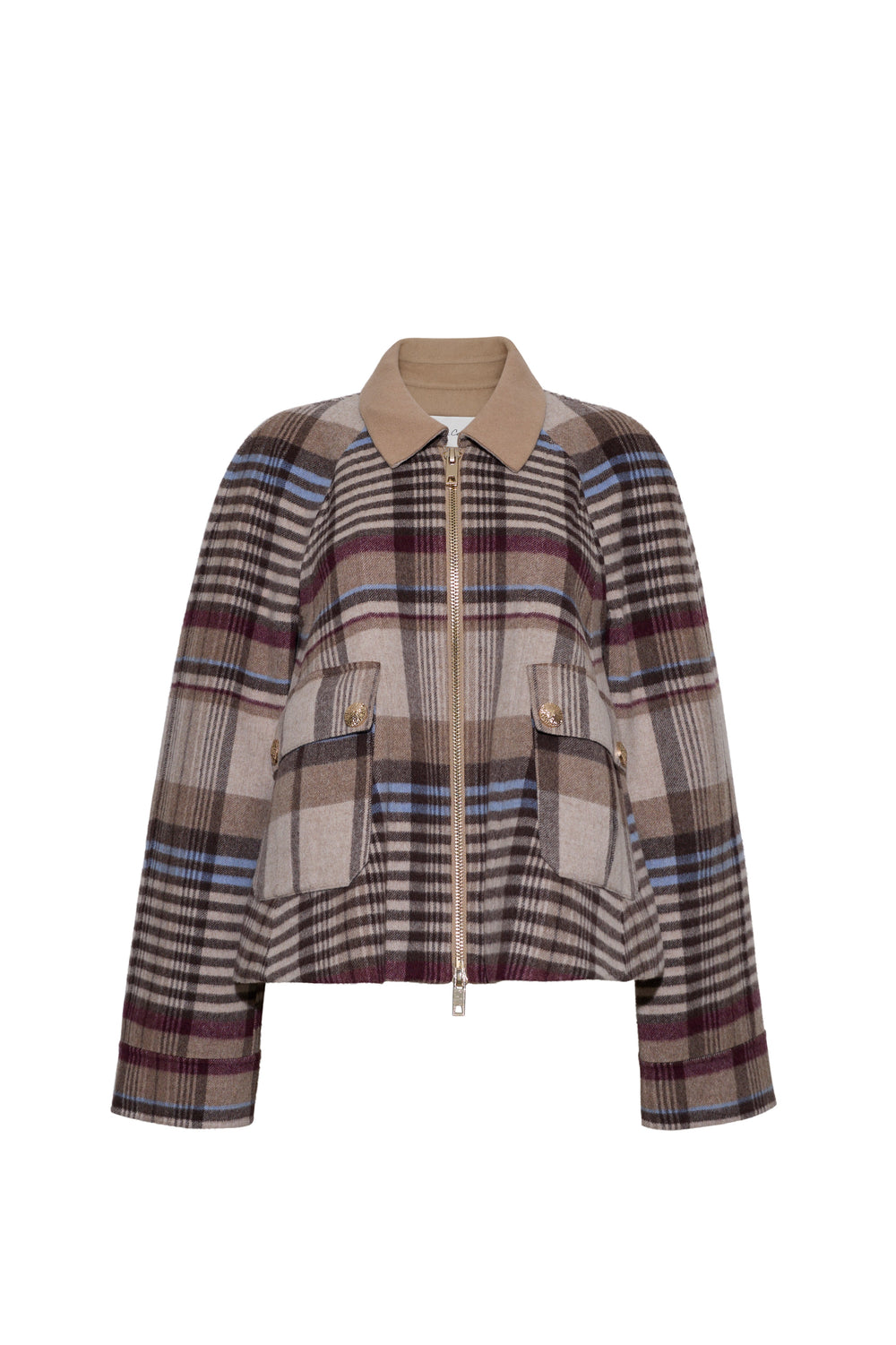 Front view of Andrew Jacket in Pima Plaid Tan showcasing plaid wool, camel collar, gold snaps, and patch pockets on white background