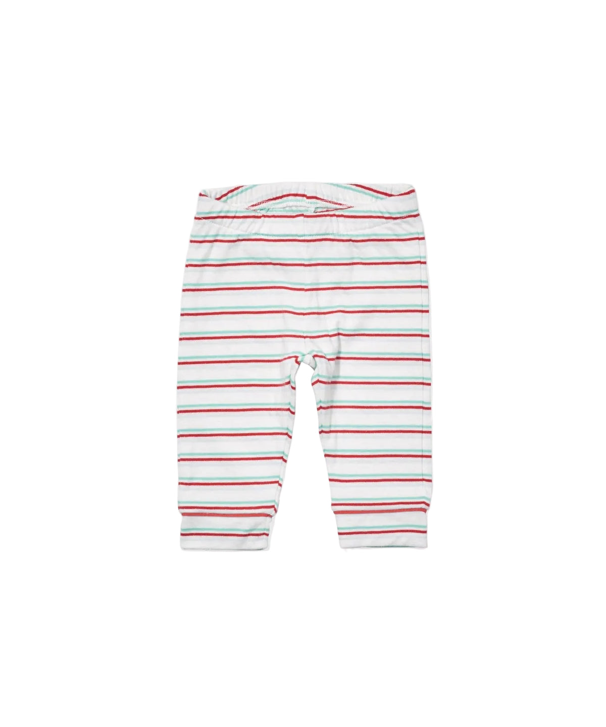 Front view of Andy Baby Legging in Turquoise Triple Stripe with red and turquoise horizontal stripes and cuff-able hems