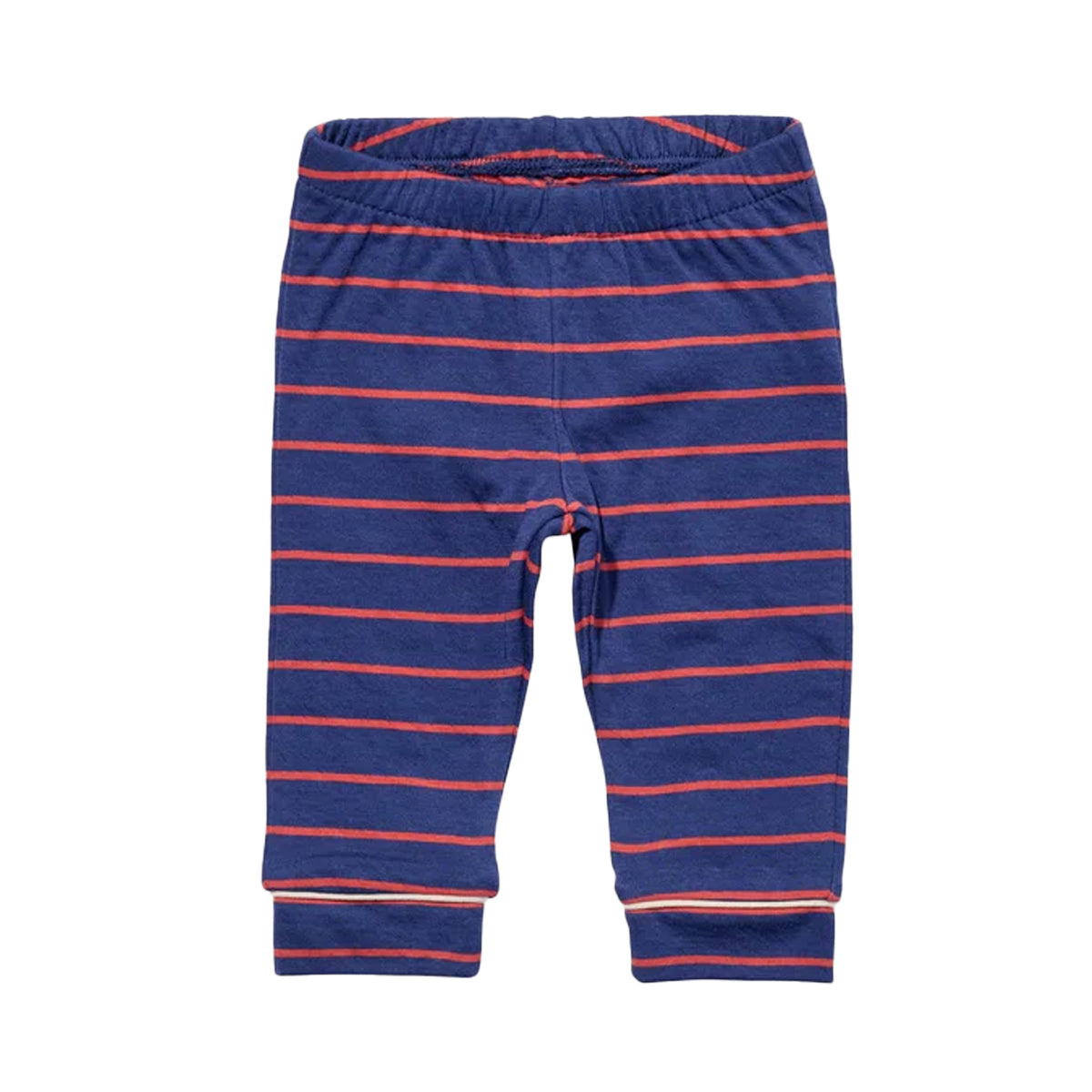 Front view of Andy Baby Legging showing navy with thin red stripes, elastic waistband and cuffable hems on white background
