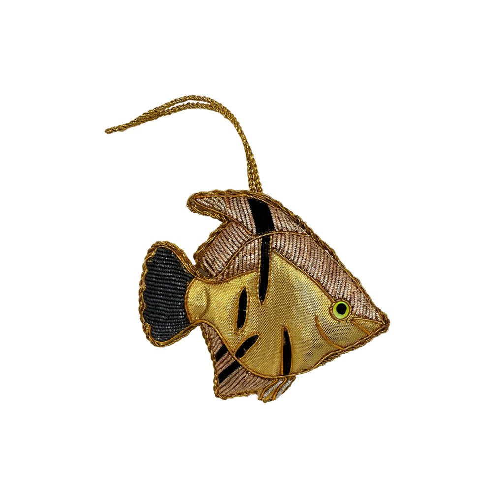Front view of Angel Fish Ornament with gold metallic fabric, black stripe accents and braided hanging loop on white background