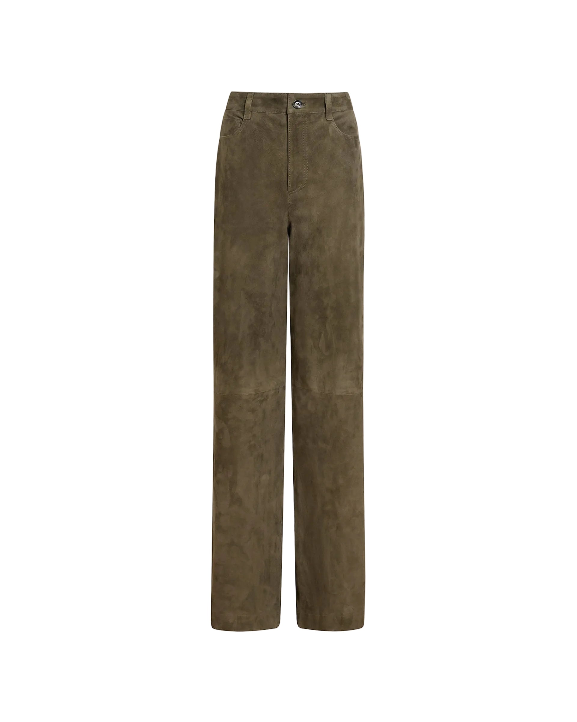 Front view of Angel Pant in Army showcasing buttery suede, mid-rise flared fit and front pockets with a white background