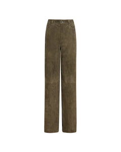 Front view of Angel Pant in Army showcasing buttery suede, mid-rise flared fit and front pockets with a white background