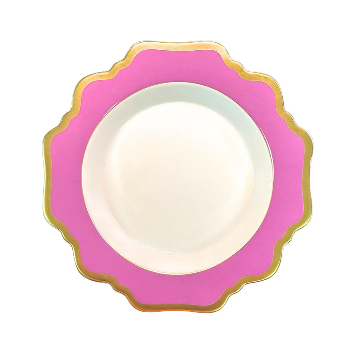 Top view of Anna’s Palette Rim Soup in Purple Orchid showcasing purple trimming and gold rim with a white background