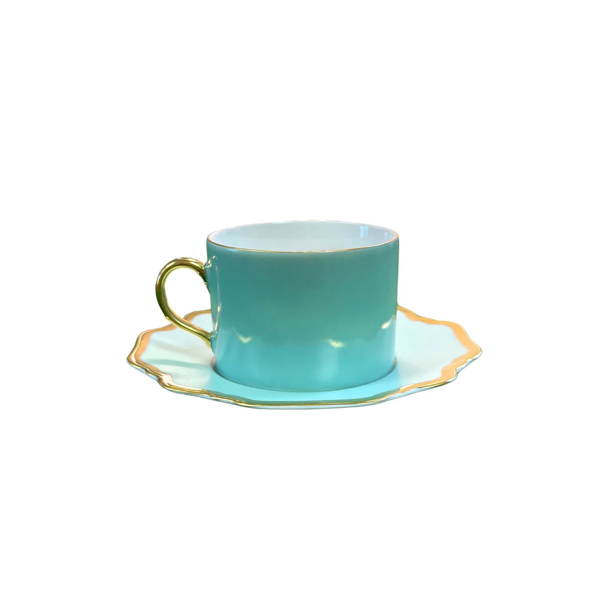 Front view of Anna’s Palette Tea Cup in Aqua Green showcasing soft green porcelain with a golden rim and handle on a white background