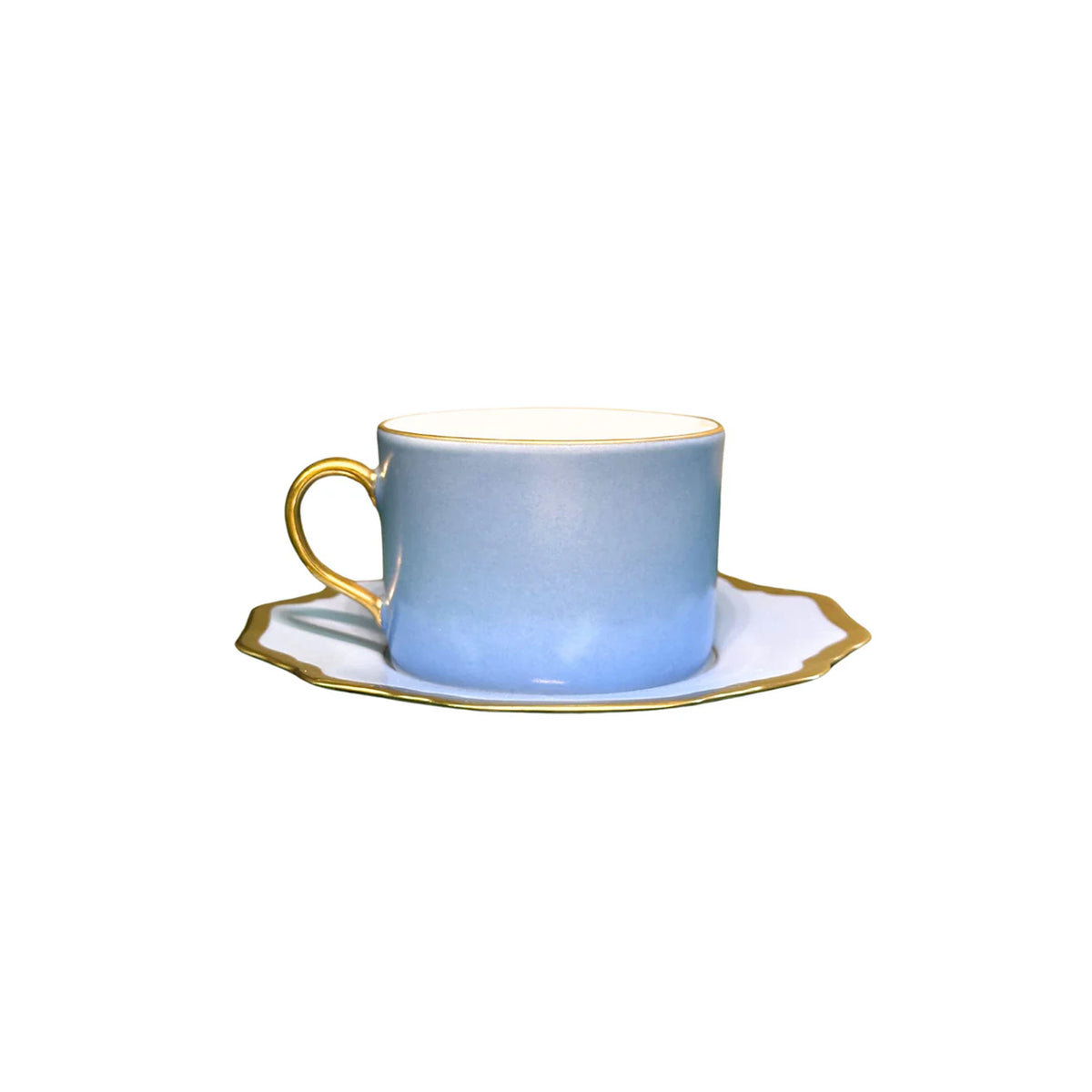 Front view of Anna’s Palette Tea Cup in Sky Blue showcasing soft blue porcelain, golden rim and handle with matching saucer