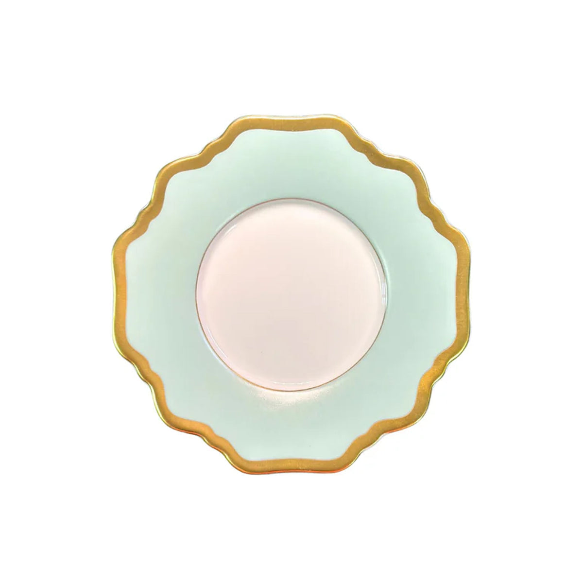 Top view of Anna’s Palette Tea Saucer in Aqua Green showcasing soft green trimming and golden rim with a white background