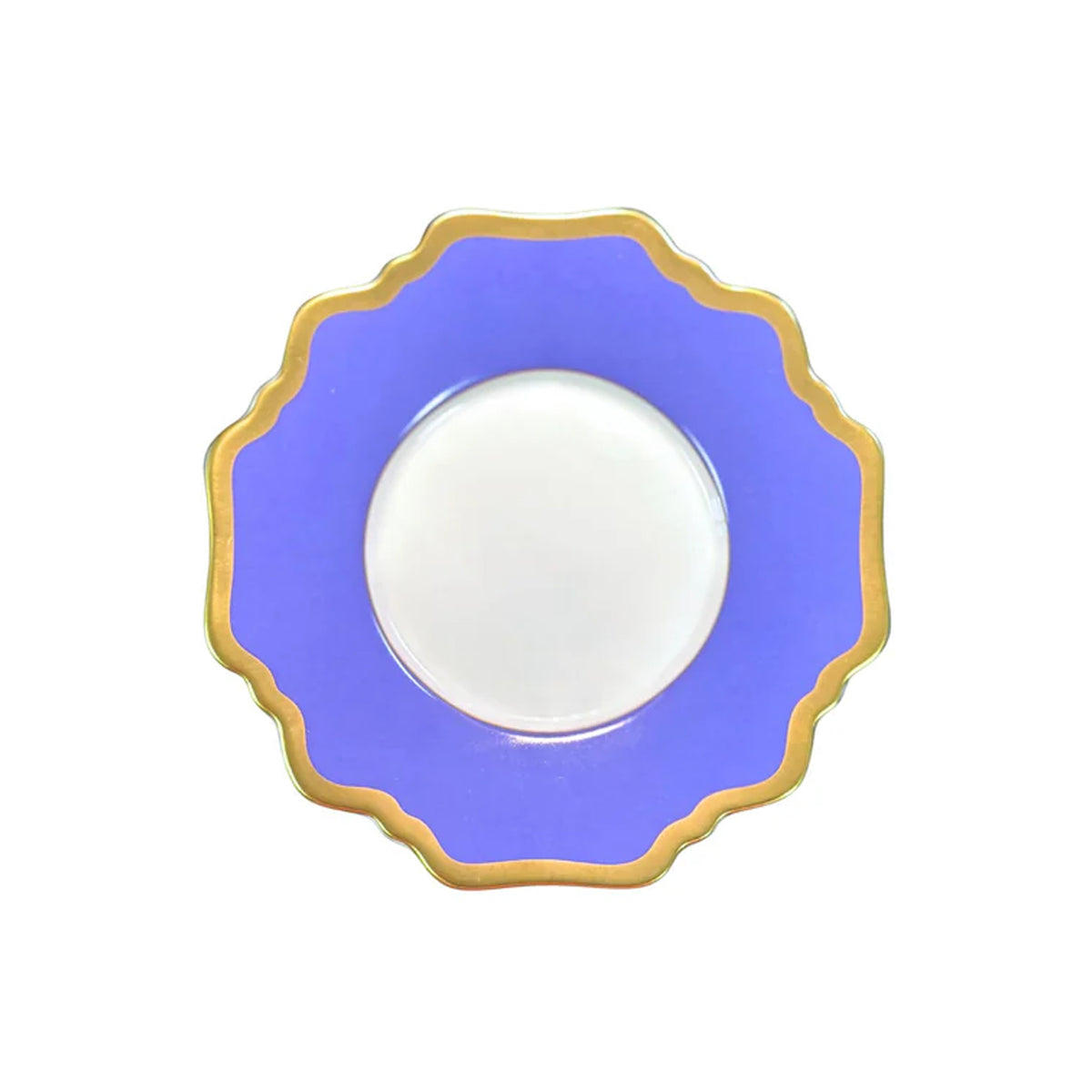 Top view of Anna’s Palette Tea Saucer in Indigo Blue showcasing blue trimming and a golden rim with a white background