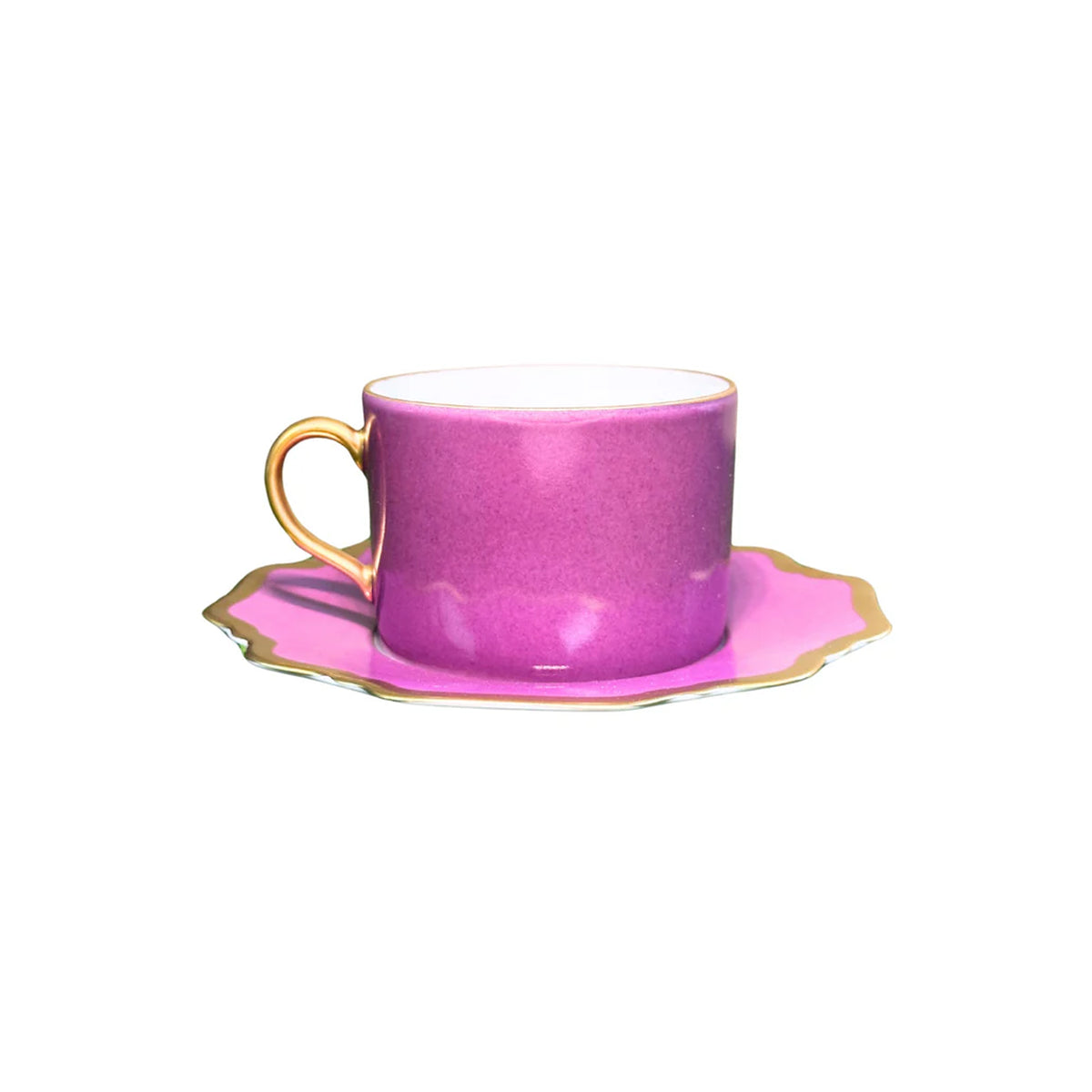 Front view of Anna’s Palette Tea Saucer in Purple Orchid showcasing purple trim and gold rim with matching cup