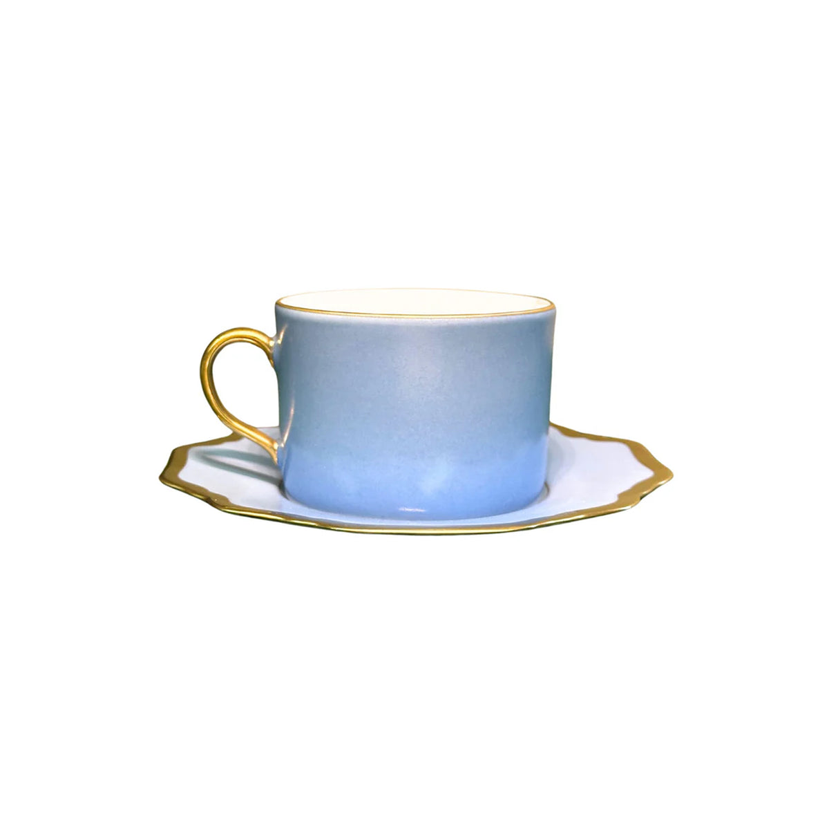 Front view of Anna’s Palette Tea Saucer in Sky Blue showcasing soft blue trim and golden rim with a white background