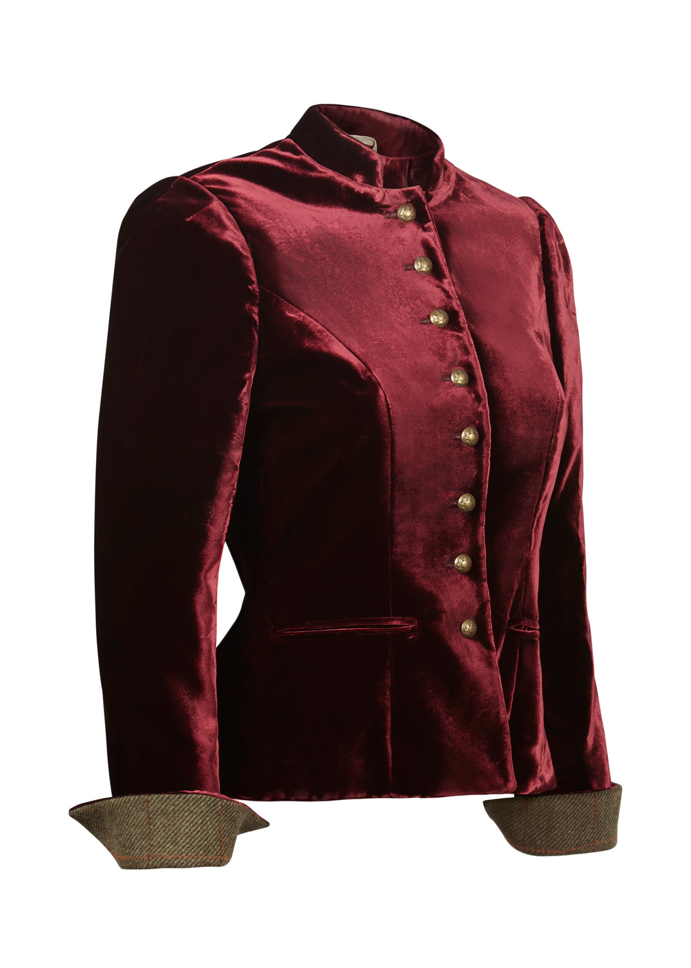 Three-quarter view of Annabelle Cabaret Jacket in burgundy velvet with gold buttons, stand collar and fitted waist on white