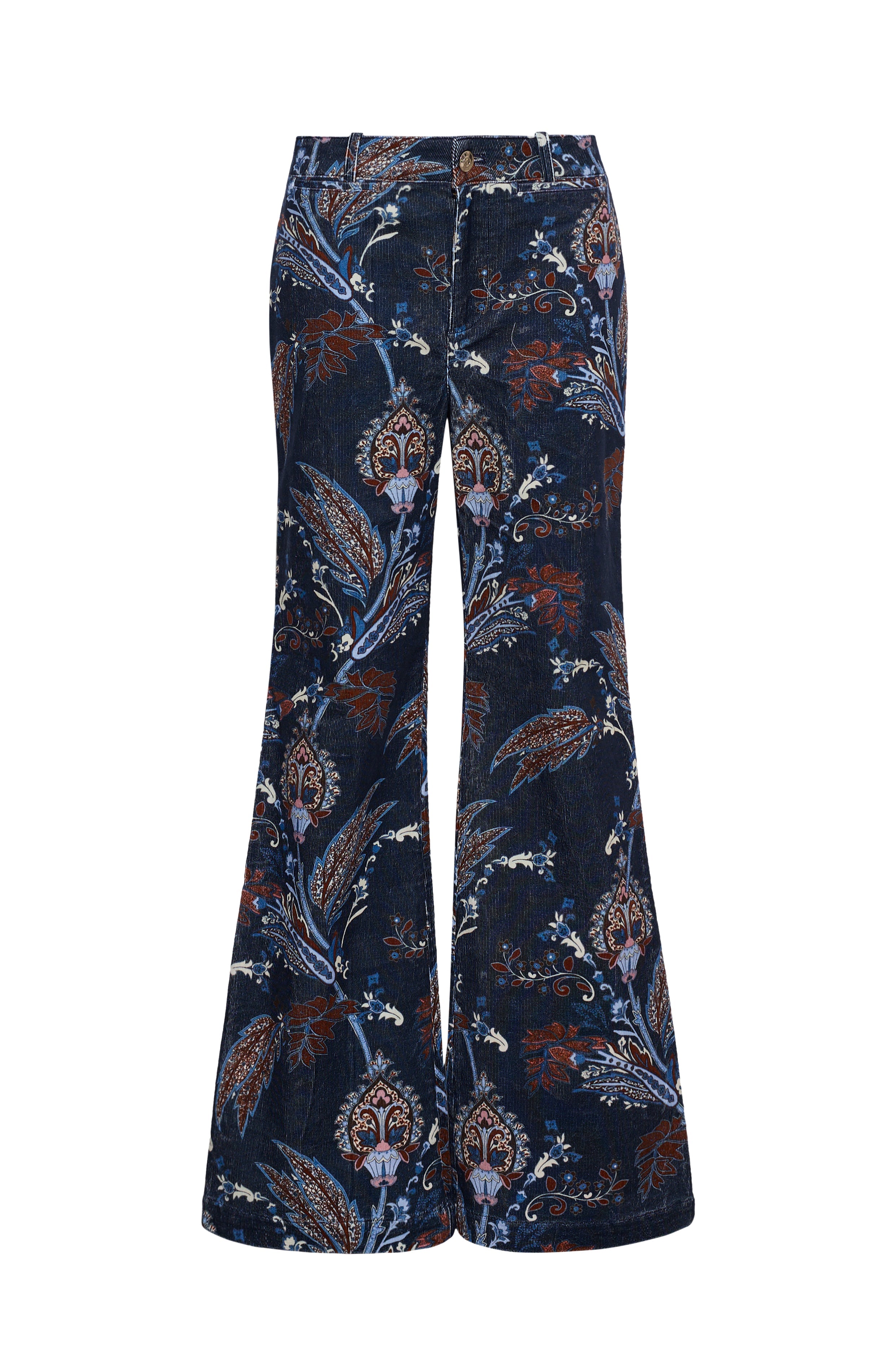 Front view of Annie Pant in Mod Paisley Navy showcasing a slim-through-hip flared leg and bold paisley denim