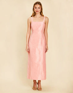 Annika Convertible Gown Set in Blush Tulip with a floor-length short-sleeve duster over a tea-length fitted dress.
