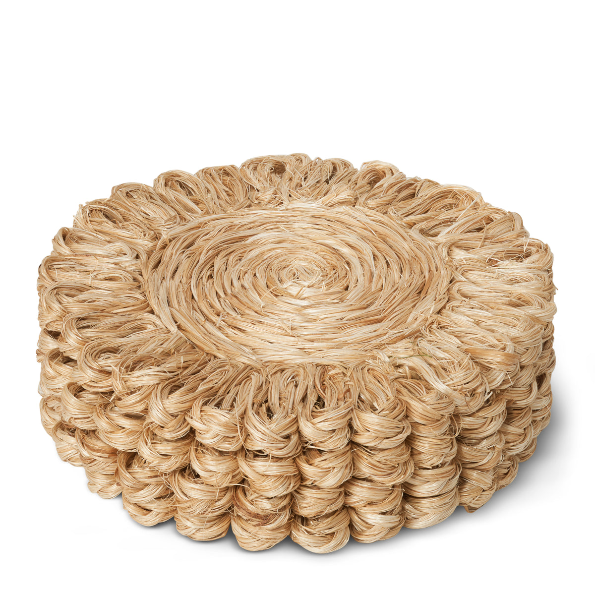 Close-up of Annisa Straw Coasters in Natural, Set of 4 showcasing hand-woven straw and looping design on white background