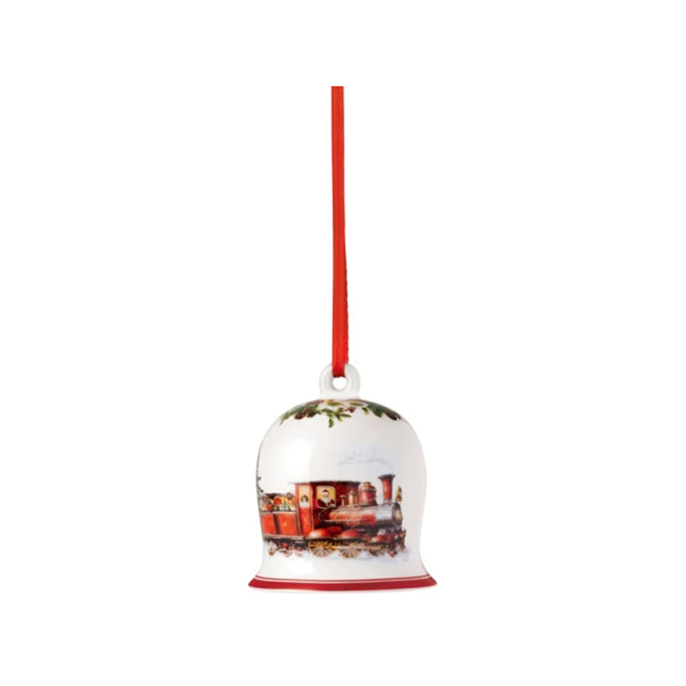 Front view of Annual Christmas Edition porcelain bell ornament with red train illustration, gold accents, and red ribbon