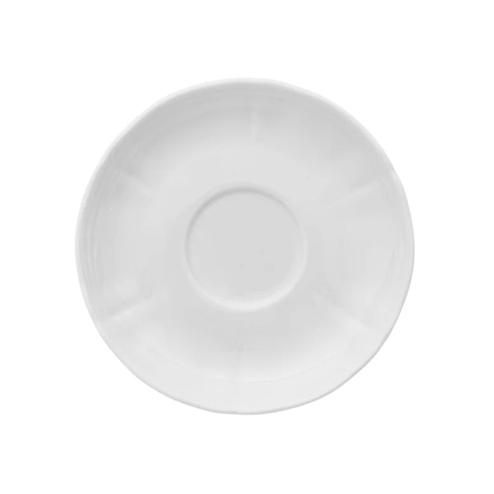 Top view of Antico Doccia breakfast plate showcasing shallow rim and central cup well on white background