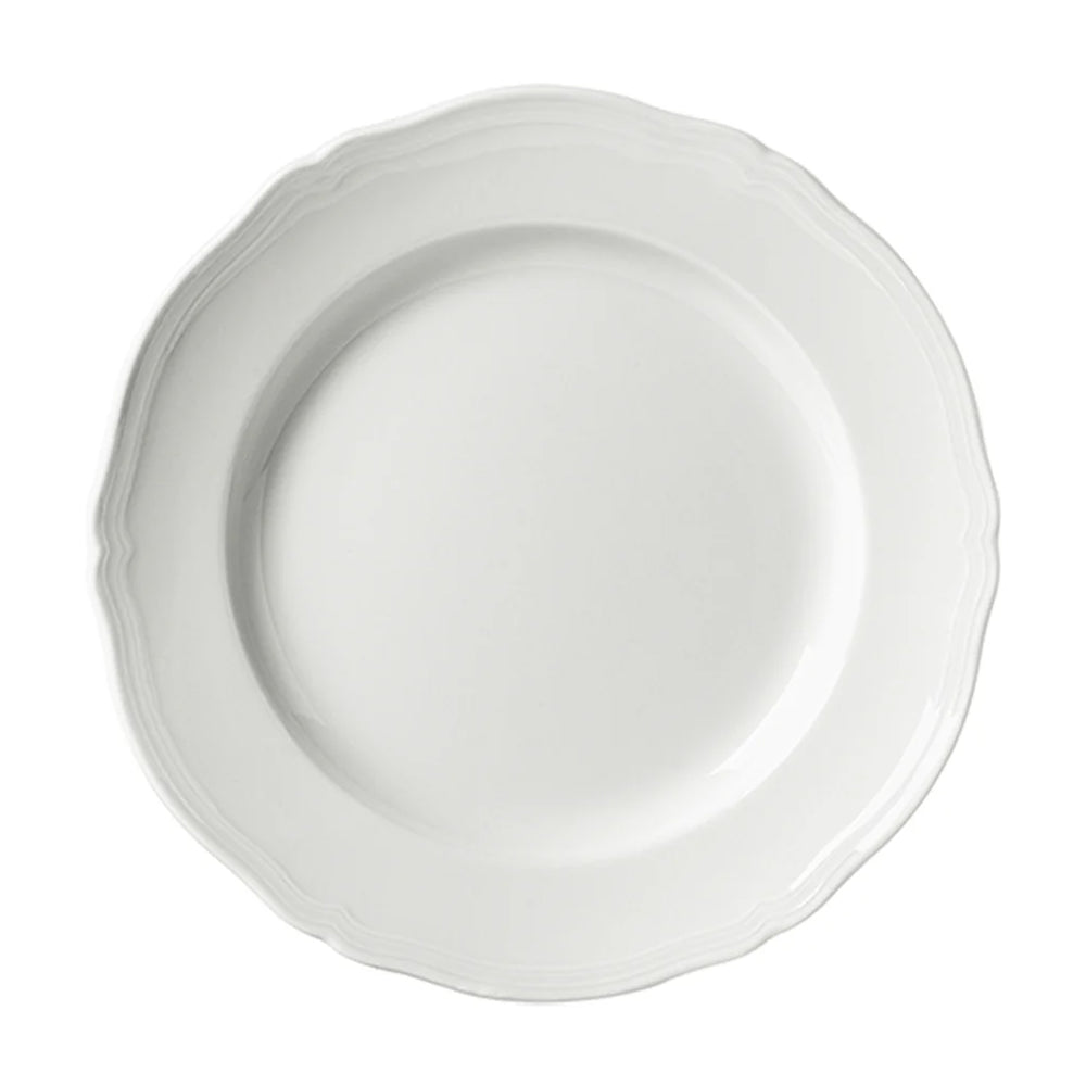 Overhead view of Antico Doccia charger plate showcasing scalloped textured rim in fine white porcelain on white background