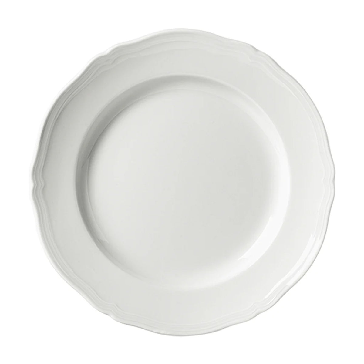 Overhead view of Antico Doccia charger plate showcasing scalloped textured rim in fine white porcelain on white background