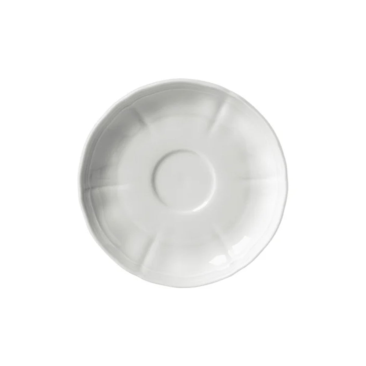 Top view of Antico Doccia coffee saucer showing subtle scalloped rim and central cup well in white porcelain on white background