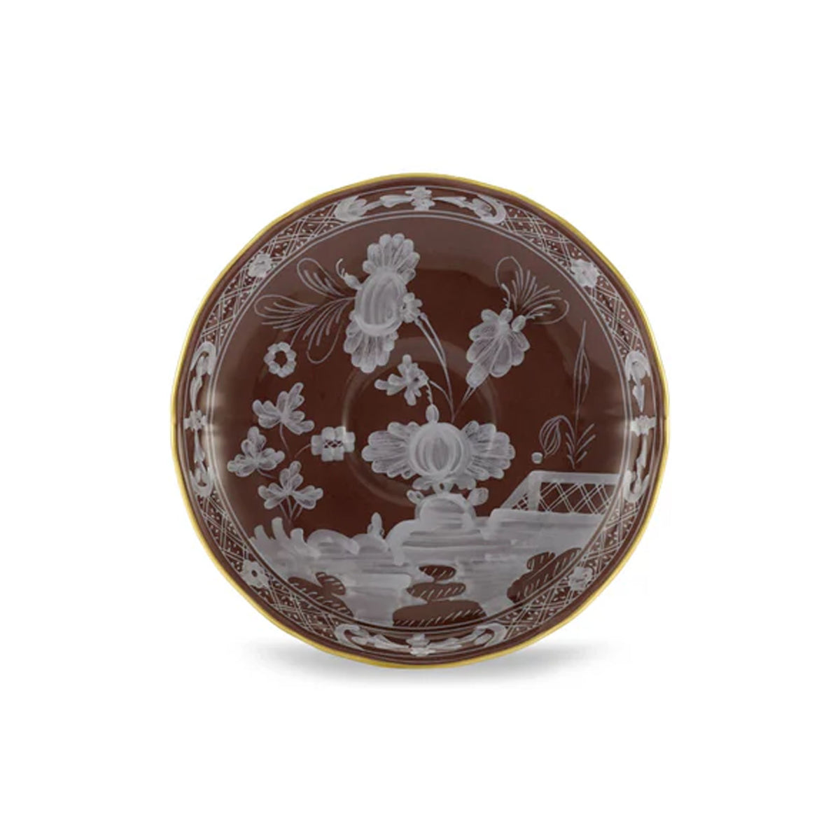 Front view of Oriente Italiano Antico Doccia Tea Saucer in Castagna showcasing white floral motifs and gold rim on white