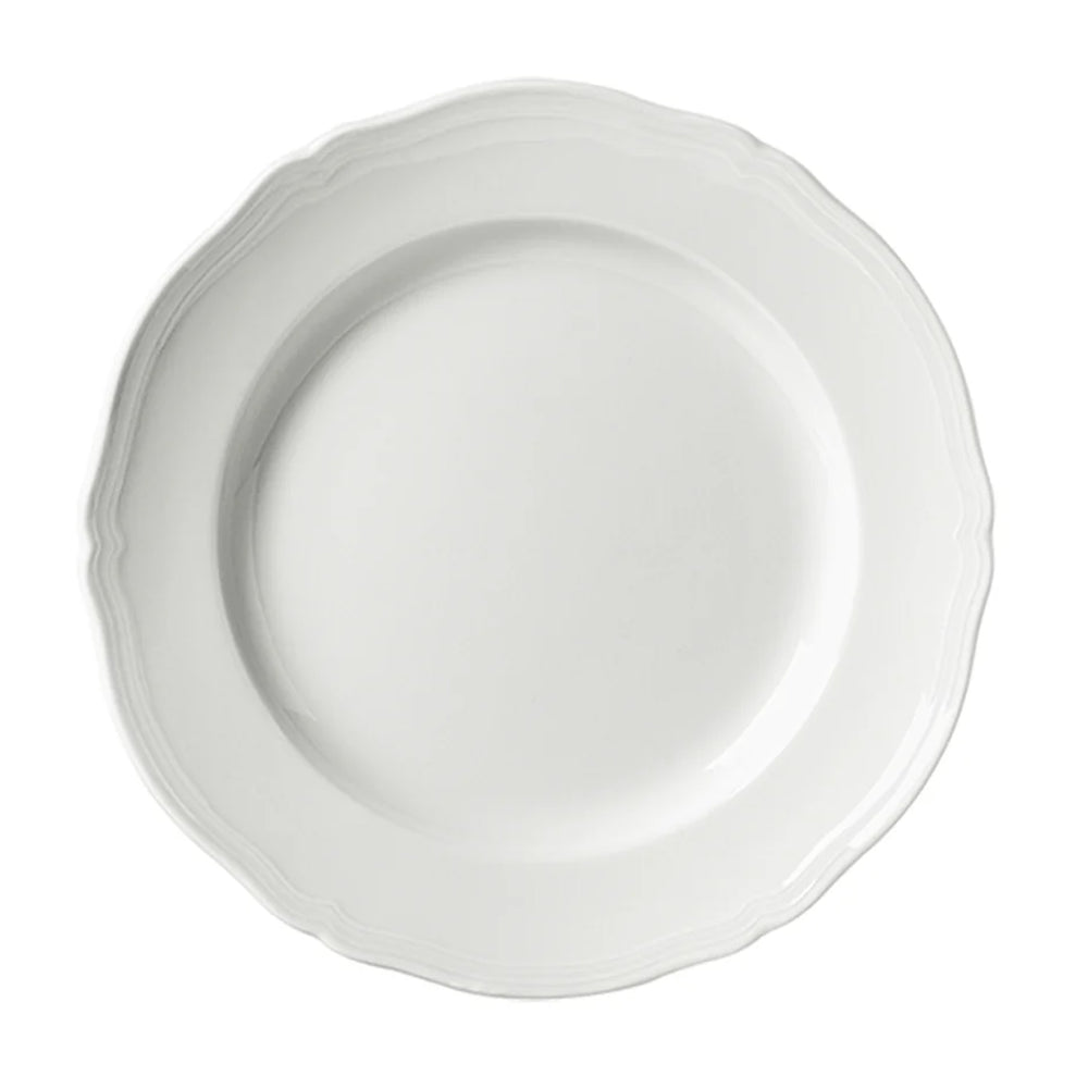 Top-down view of Antico Doccia dinner plate showcasing scalloped rim and subtle raised ridges on a white background