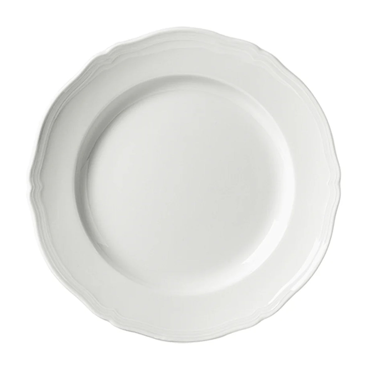 Top-down view of Antico Doccia dinner plate showcasing scalloped rim and subtle raised ridges on a white background