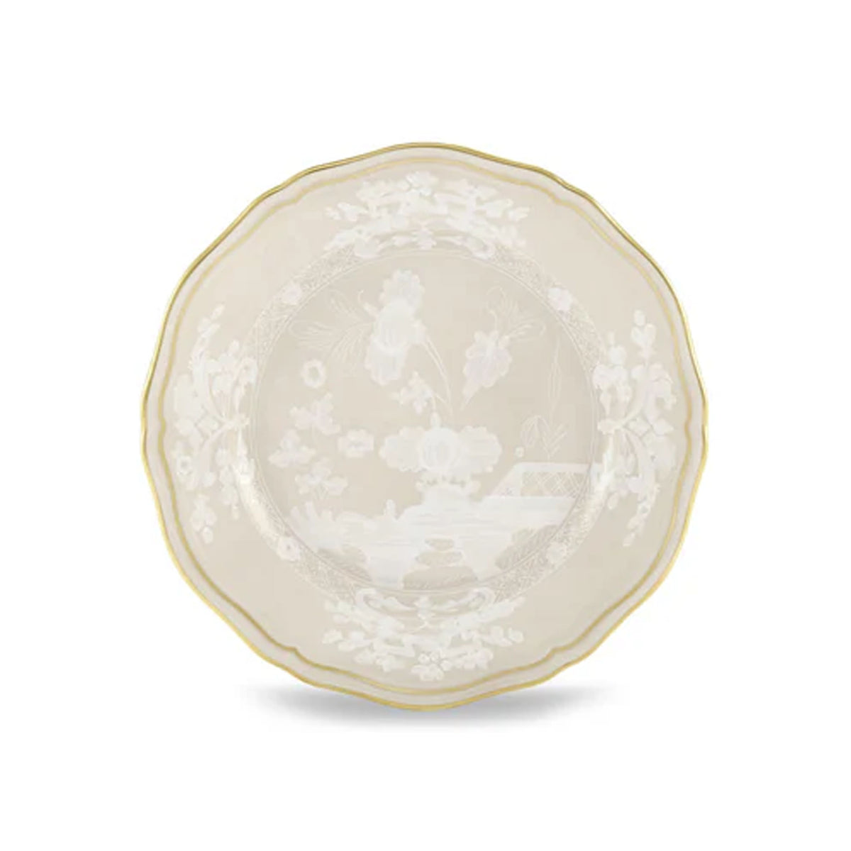 Top view of Oriente Italiano Antico Doccia flat bread plate in Meringa showcasing white floral motifs and gold rim