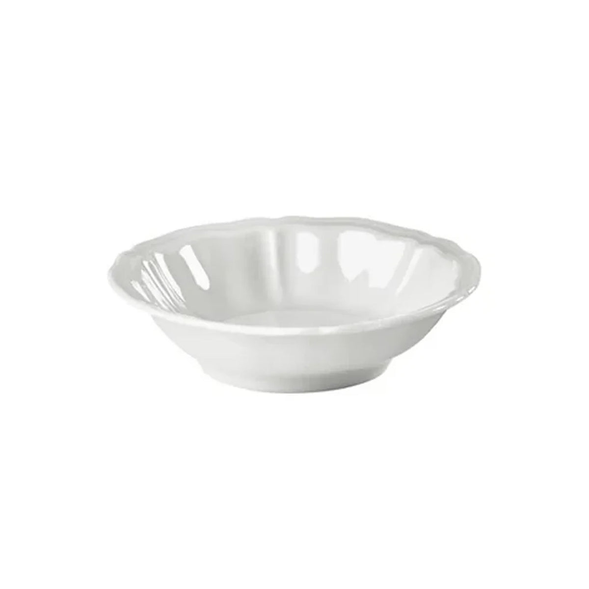 Three-quarter view of Antico Doccia fruit bowl showcasing scalloped rim and textured white porcelain sides on a white background