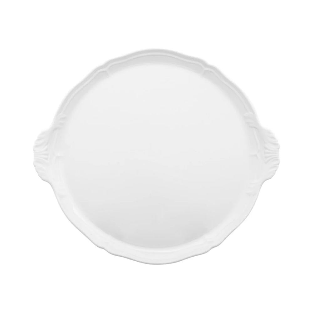 Top view of Antico Doccia round cake plate showing scalloped raised rim and fluted side handles on white background