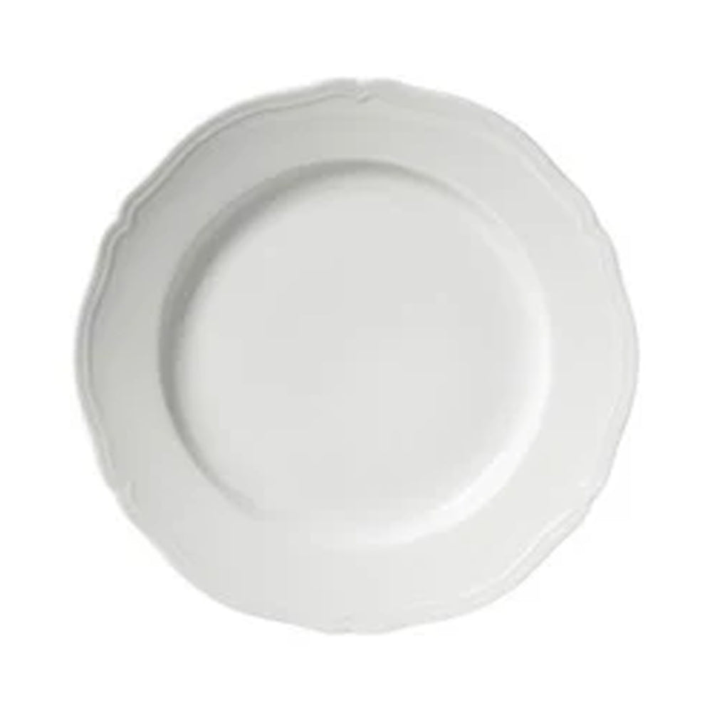 Top view of Antico Doccia round platter with scalloped rim and shallow center in white porcelain