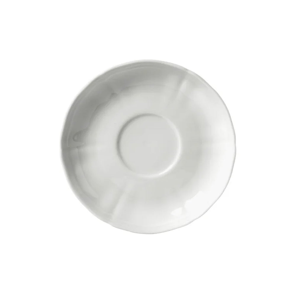 Top view of Antico Doccia tea saucer showcasing scalloped edge and subtle radial texture on a white background