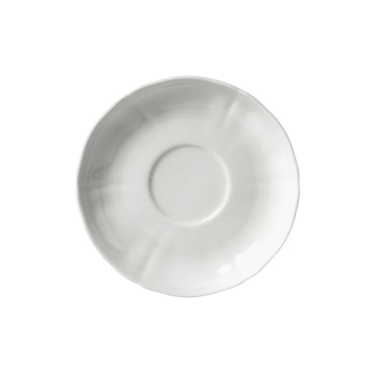 Top view of Antico Doccia tea saucer showcasing scalloped edge and subtle radial texture on a white background