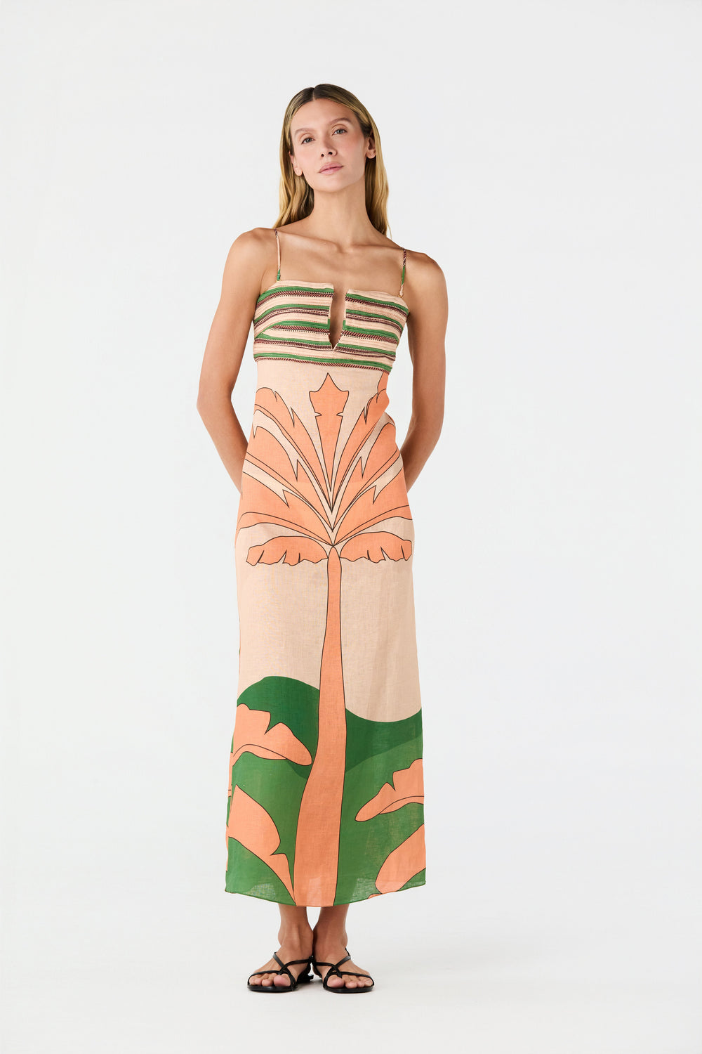 Antigua Linen Midi Dress in Peach Palms