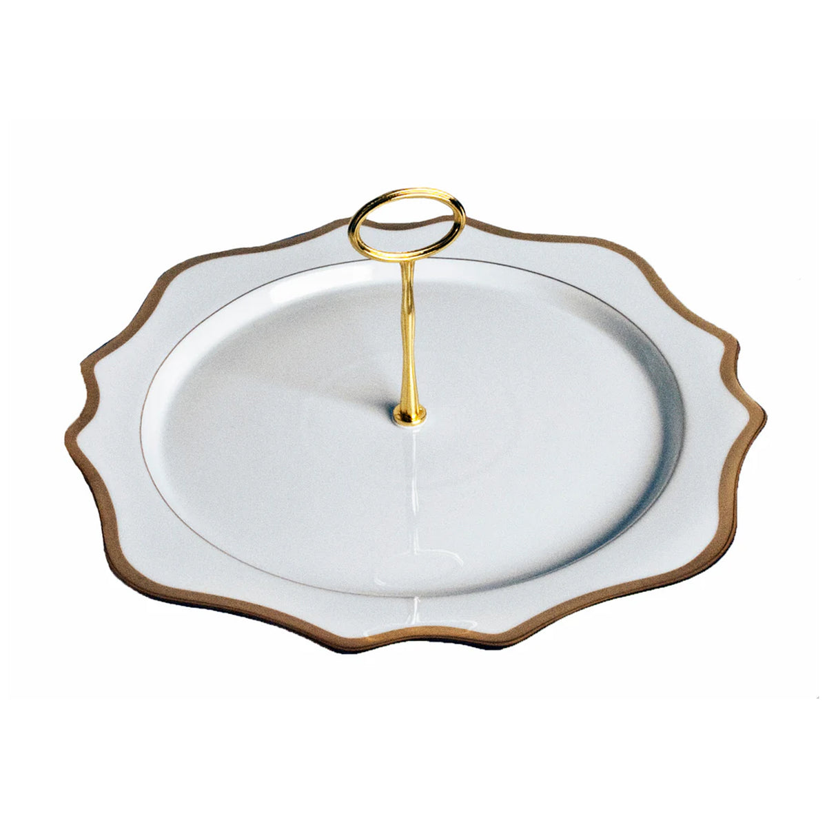 Angled view of Antique White Charger Plate Tray in Gold Rim showcasing scalloped edges and gold handle on white background