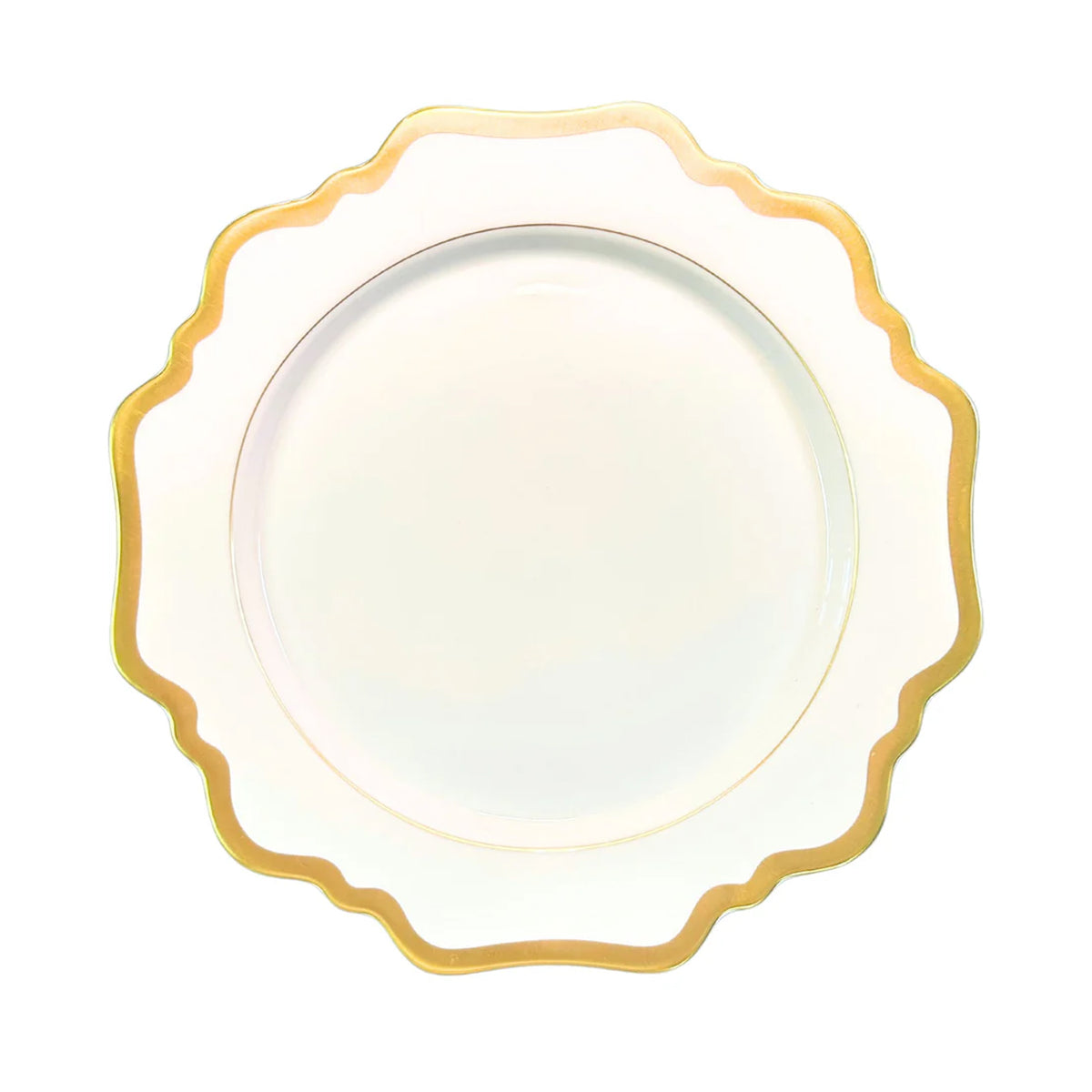 Top down view of Antique White dinner plate showing scalloped gold rim on white background