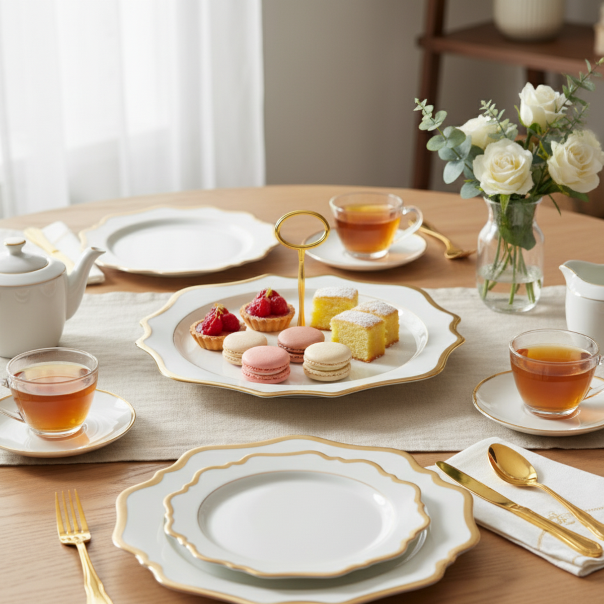 Antique white charger plate tray displayed with desserts and tea in an elegant table setting