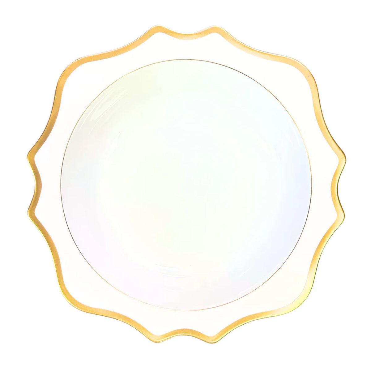 Top view of Antique White Salad and Serving Bowl showcasing scalloped edges and gold rim with white background