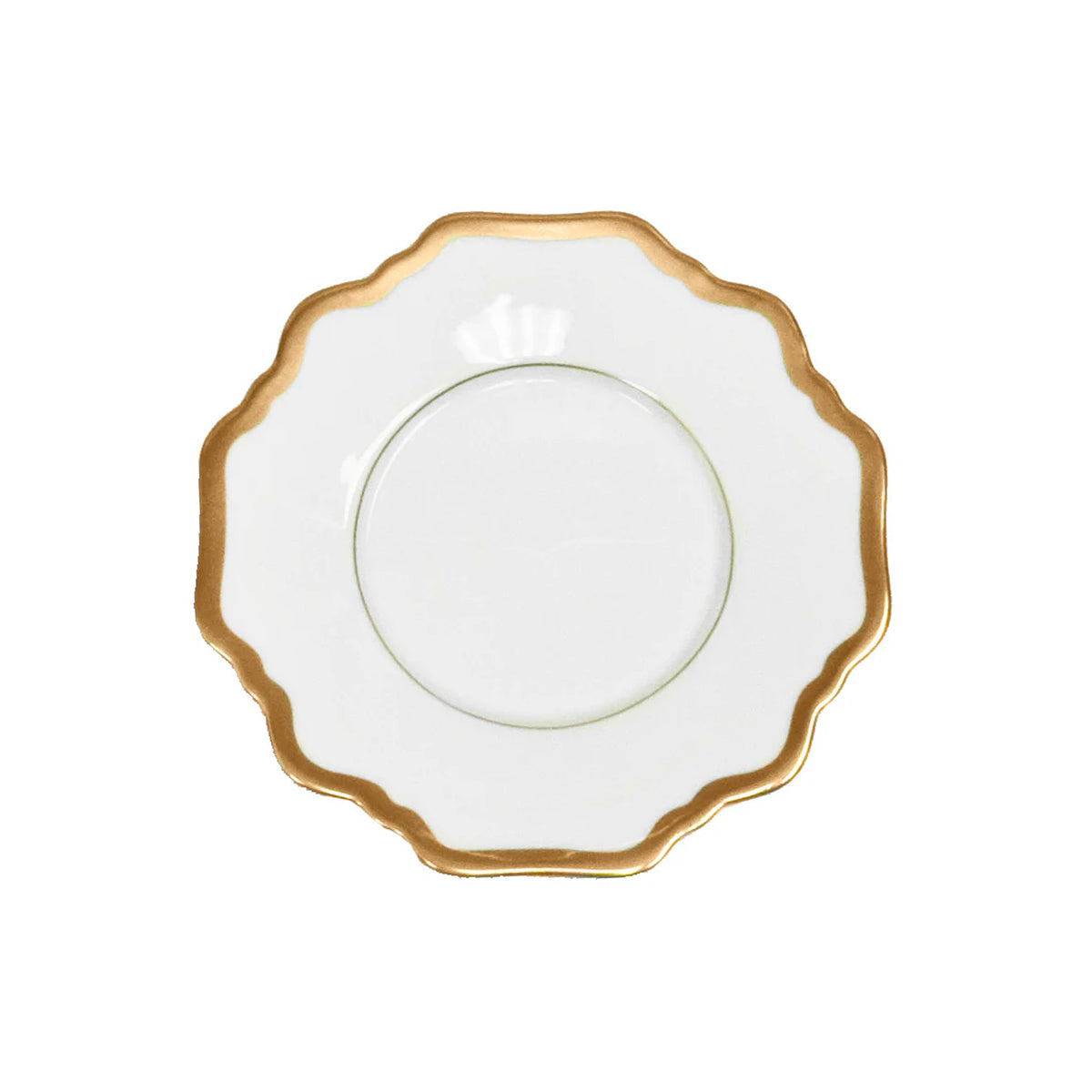 Top view of Antique White Tea Saucer in Gold Rim showcasing scalloped edges and gold rim with white background