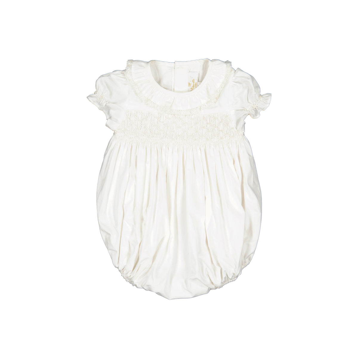 Front view of the Antoinette Ceremony White Smocked Baby Bubble showcasing short balloon sleeves and smocked bodice on a white background