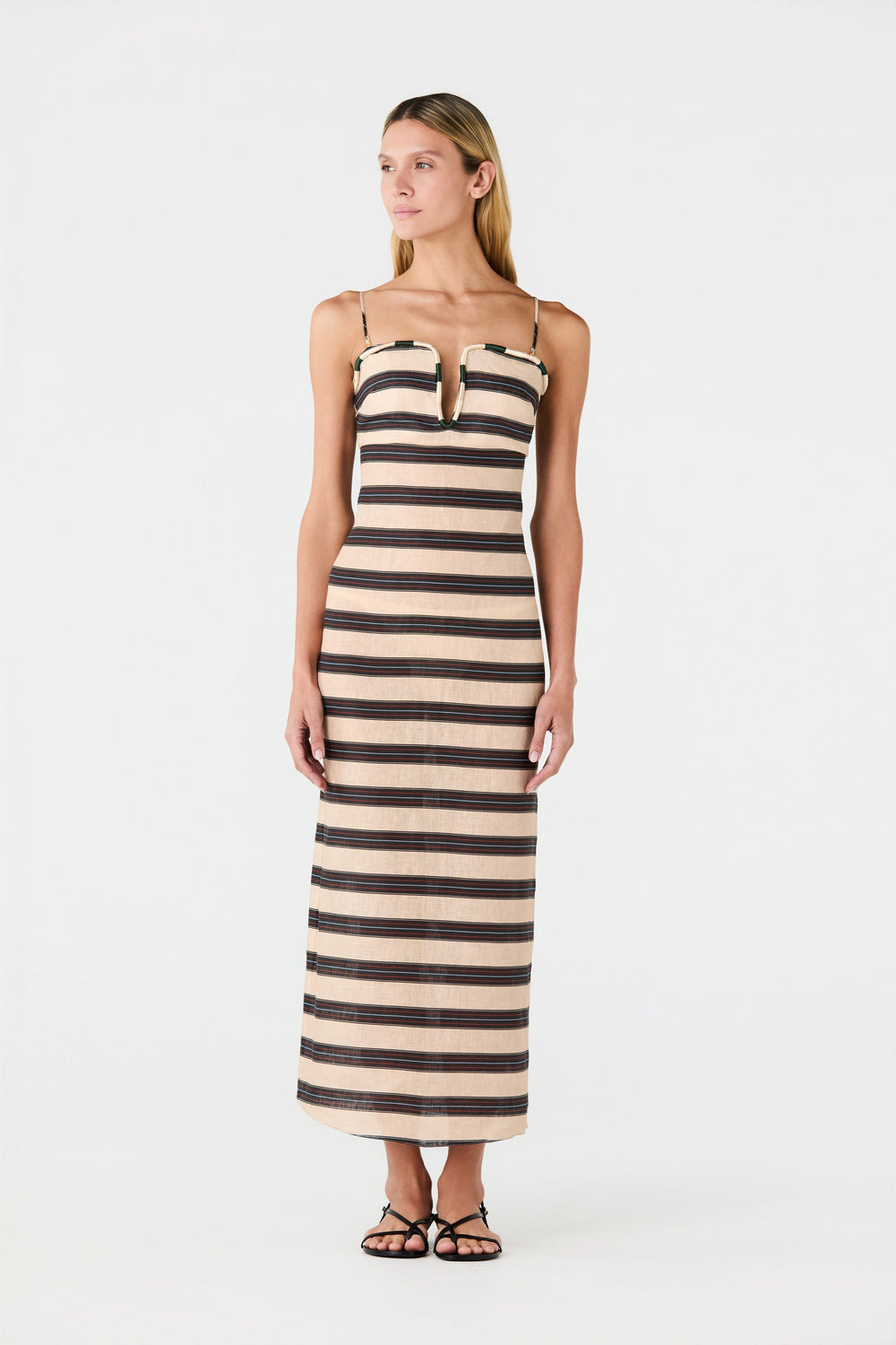 Antonia Linen Midi Dress in Navy Stripes