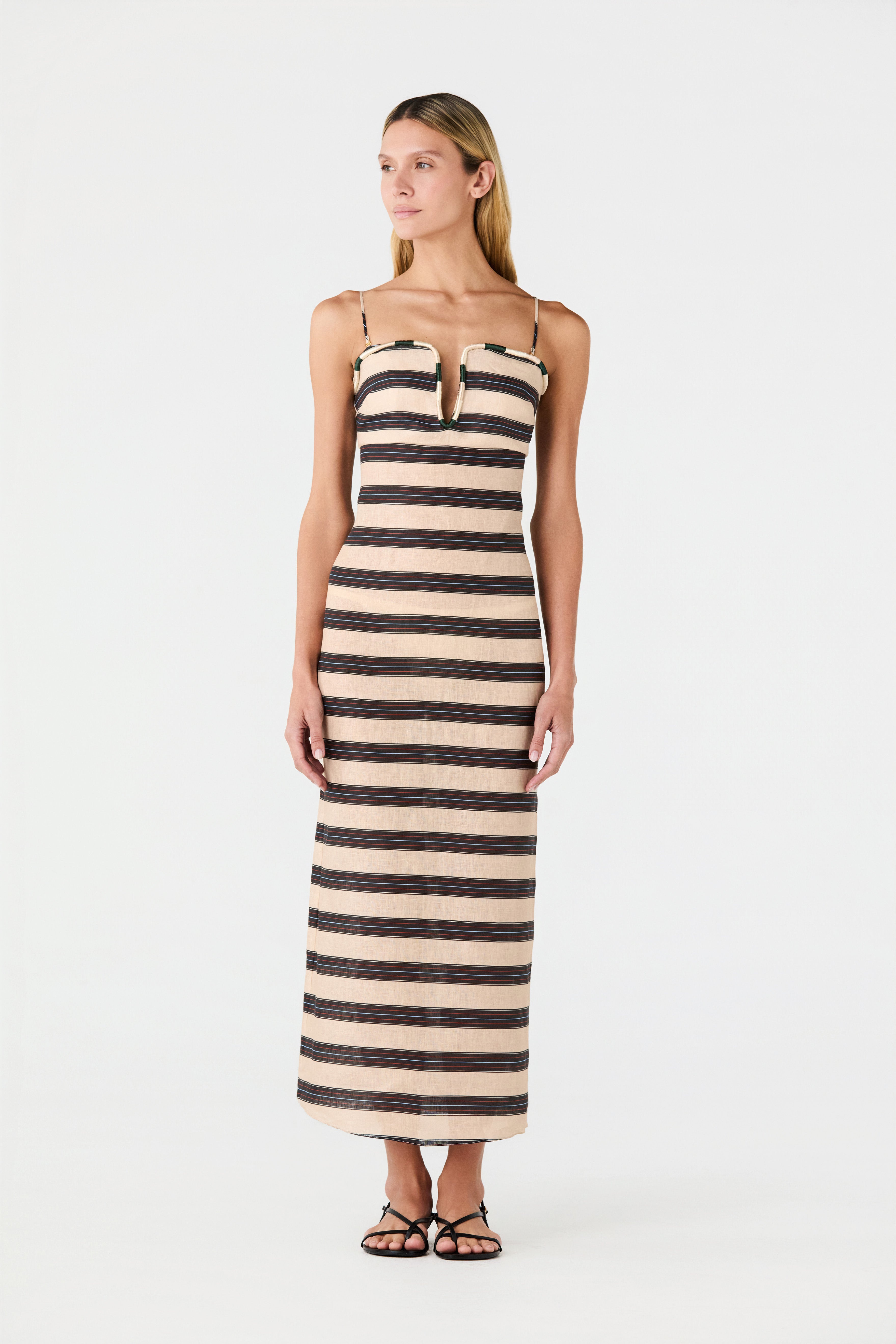 Antonia Linen Midi Dress in Navy Stripes