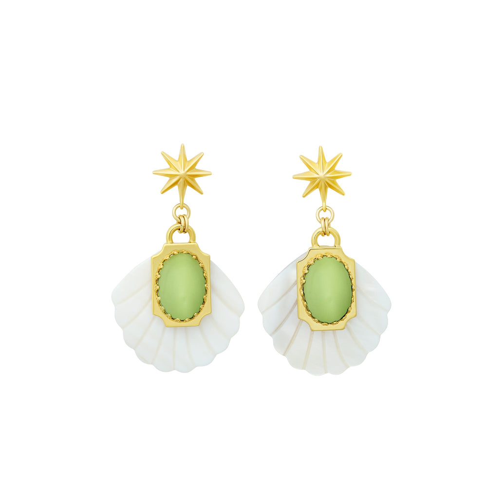 Front view of Aperitivo earrings with carved mother-of-pearl fan drops, green moonstone cabochons and gold-plated star toppers